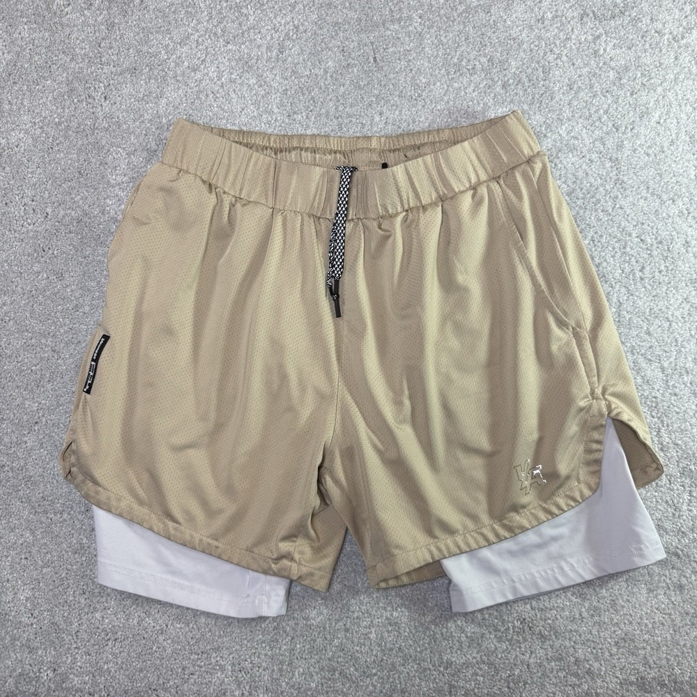 YoungLA Mens XXL 2-in-1 Compression Mesh Shorts Tan Beige Running Gym Workout